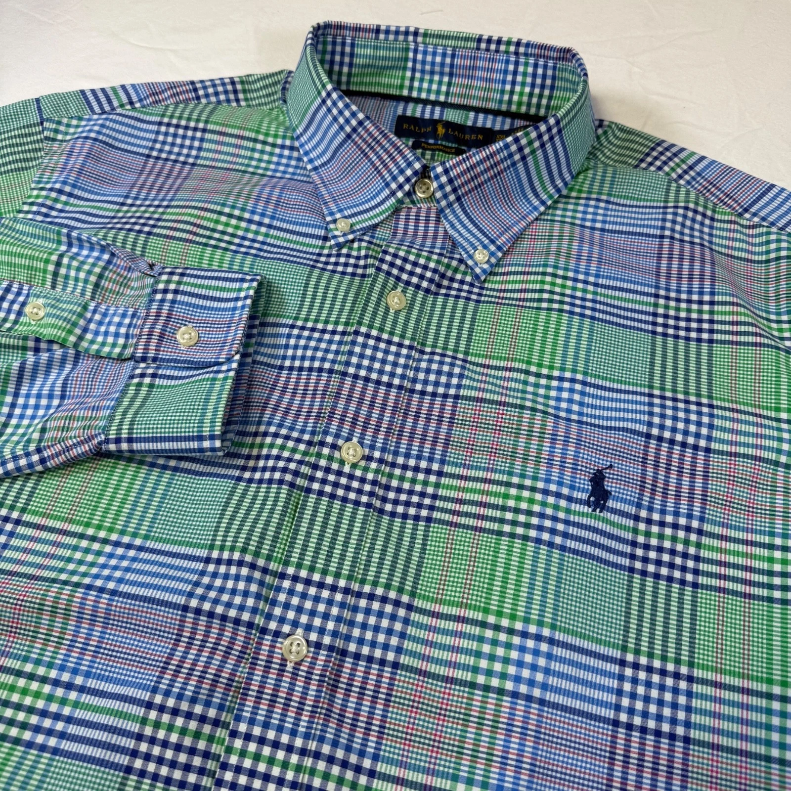 Ralph Lauren Shirt Men's XXL Blue Plaid Performance Button Down Long Sleeve Pony