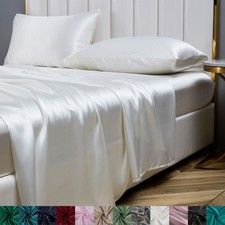 4Pcs Satin Silk Sheet Set Bed Fitted Sheet w/ Pillowcase Wrinkle Free Full Size