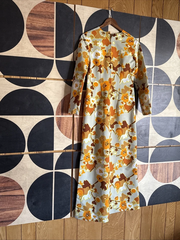 Vestido Vintage Años 70 Psicodélico Mujer Naranja Marrón Marfil Colorido AOP Maxi Z* Foto 3 de 3