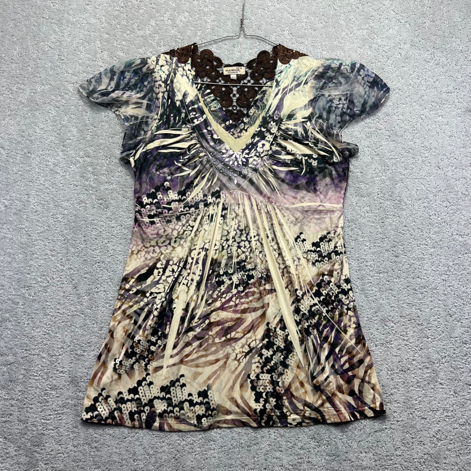 One World Tunic Top Womens Medium V Neck Mixed Media Sequin Print Y2K Boho