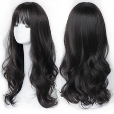 Black Long Wavy Synthetic Hair Heat Resistant Cosplay Party Wig With Bangs
