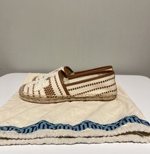 Tory Burch 'Shaw' Round Toe Logo Canvas Espadrille Flat- Natural / Tan US 7.5 M