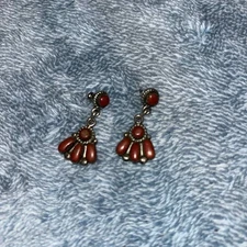 Beautiful Coral Zuni Signed Dangle Sterling Earrings Bill and Lou Quam