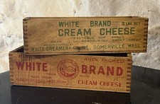 Vintage White Brand Cream Cheese Wood Box Somerville MASS Red & Green Set of 2