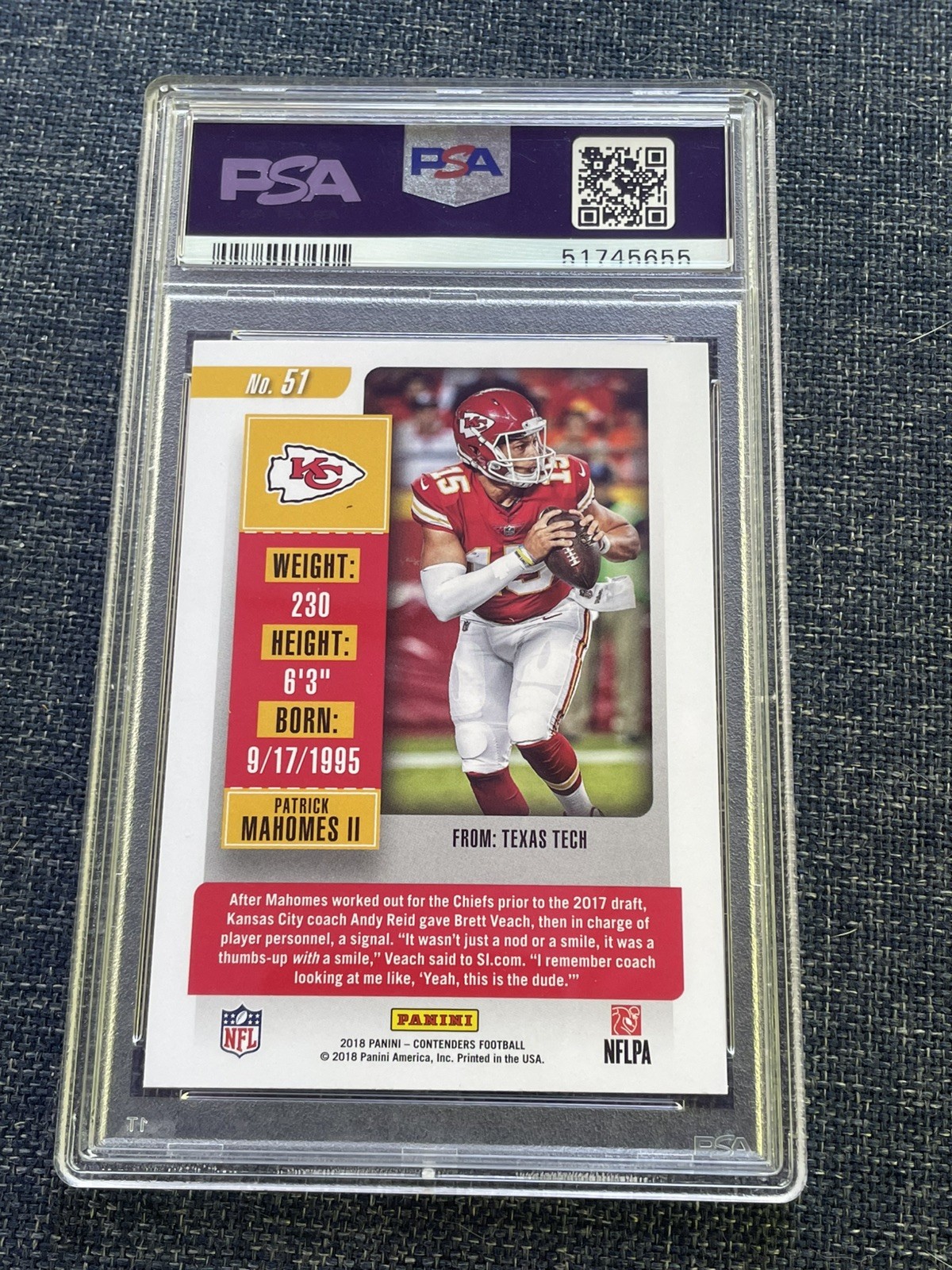 Panini 2018 Contenders Patrick Mahomes II Season Ticket #51 PSA 10 Chiefs view 2