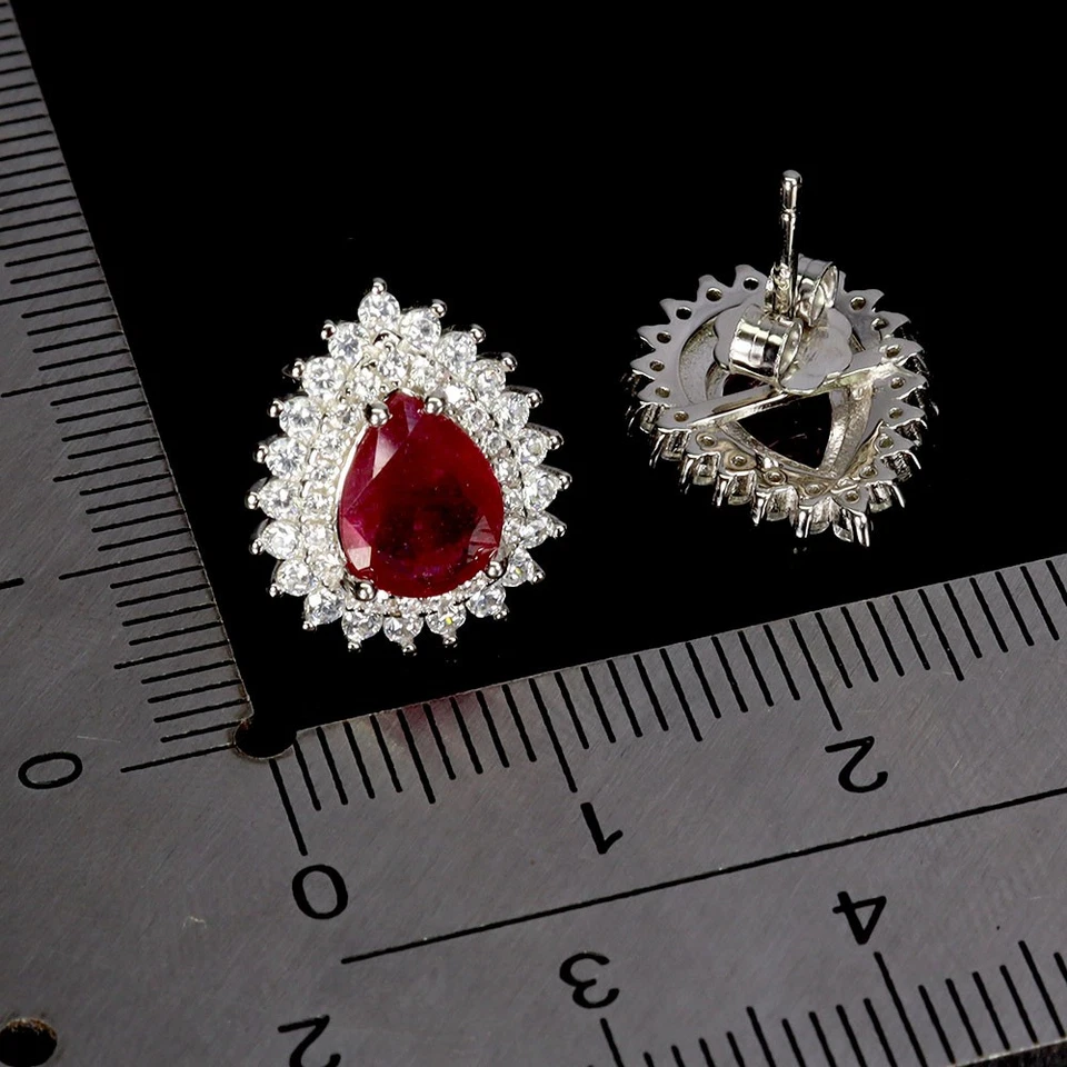 925 Sterling Silver Earrings Pear Ruby 8x6mm Natural Gemstone Jewelry - Image 3 of 4