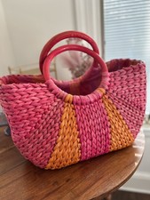 Vintage Sun And Sand 1990s Orange & Pink Hobo Straw Basket Purse Handbag