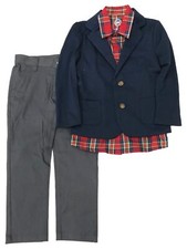 Boys 3PC Suit Navy Sport Blazer Coat Red Plaid Shirt Gray Pants Outfit