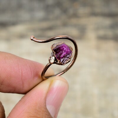 Natural Pink Tourmaline Rough Copper Bezel Electroformed Promise Statement Ring
