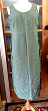 Vintage Linen Blend Dress Embroidered Midi Khaki Green BICE By Sag Harbor Sz Lg