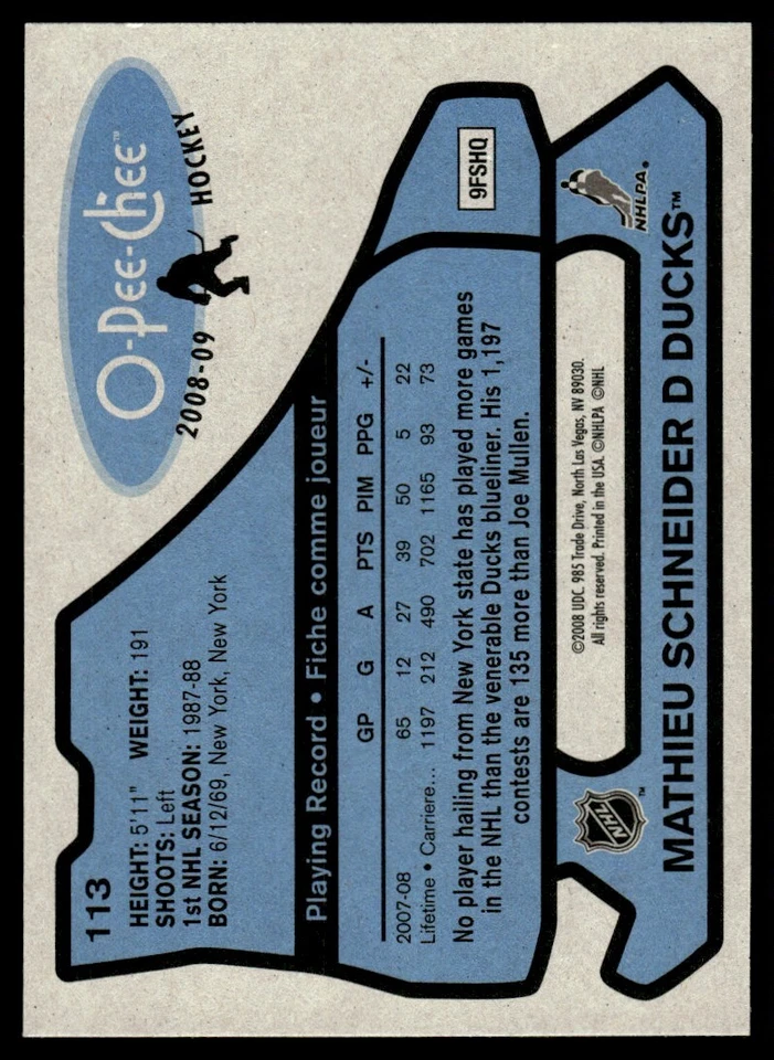 2008-09 O-Pee-Chee 1979-80 Retro Mathieu Schneider Anaheim Ducks #113 - Image 2 of 2