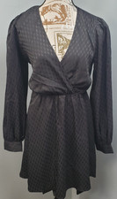 Express Wrap Dress Womens Small Black Satin Houndstooth Puff Sleeve Tie Back