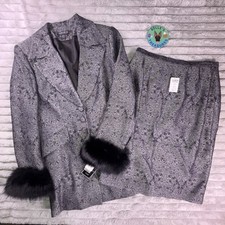 JOHN MEYER Skirt Suit Size 10 Black Shimmer Jacquard Blazer Fur Cuffs Church