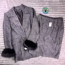 JOHN MEYER Skirt Suit Size 10 Black & Shimmer Jacquard Blazer Fur Cuffs Church