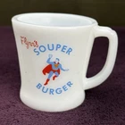 RARE! Vtg Flynn's Souper Buger Restaurant Superman Fire-King Advertising Mug HTF