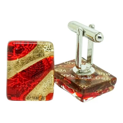 Boutons De Manchette En Verre De Murano Rouge Et Or Rectangulaires - Photo 1/4