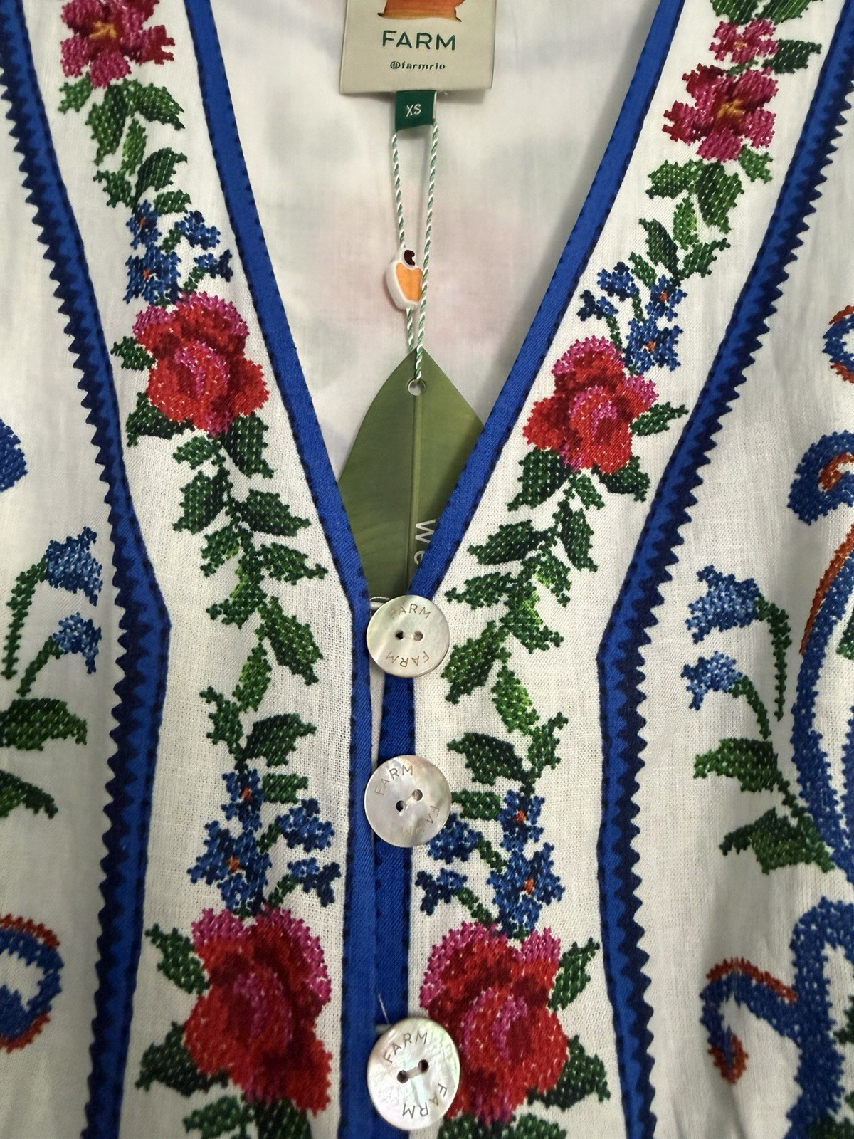 FARM Rio Embroidered Floral Button Front Midi Dress Cotton XS White Multi