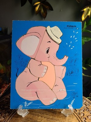 Vintage Playskool Wooden Pink Elephant Tray Puzzle 7pc Toddler Toy  Retro 275-36