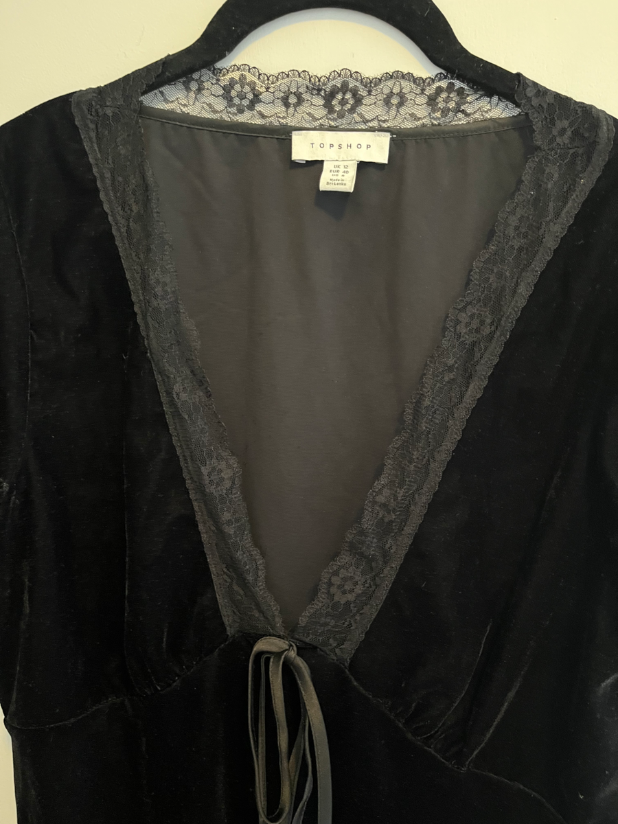 Topshop Black Velvet Lace Trim Mini Dress UK 12 US 8 Tie Front Short Sleeve  | eBay