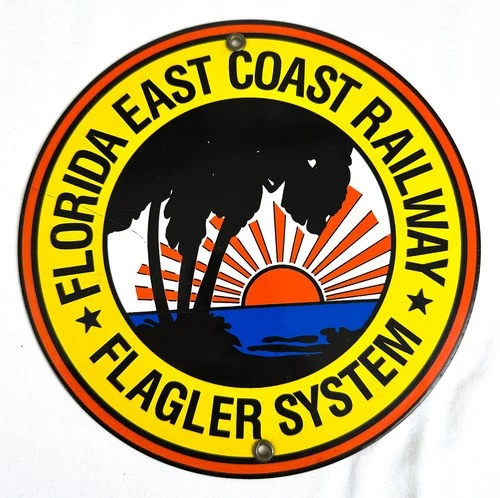FLORIDA EAST COAST RAILWAY PORCELAIN SIGN FLAGLER SYSTEM GAS OIL TRAIN - VINTAGE