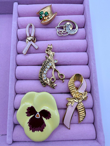 Vintage Avon Lapel Pin Lot of 6 Cat Moon Hairdresser Ribbon Pansy Clover Gold