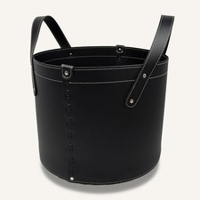 Black Luxury Leather Log Basket with Wheels, Indoor Wood Holder Handmade