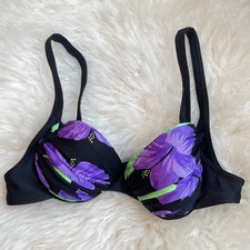 Vintage LA BLANCA Black Purple Flower Padded Underwire Bikini Top Size 6