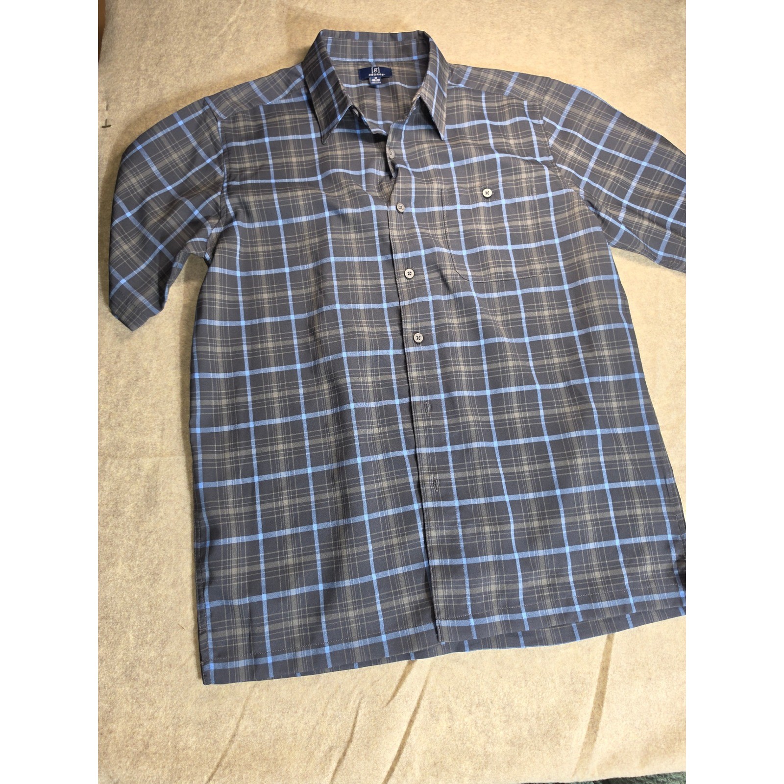 George Mens Short Sleeve Plaid Button Down Shirt Blue Grey Size M 38-40