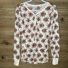 Women's Bobbie Brooks L Floral Henley Thermal Pullover Shirt Boho Grandmacore