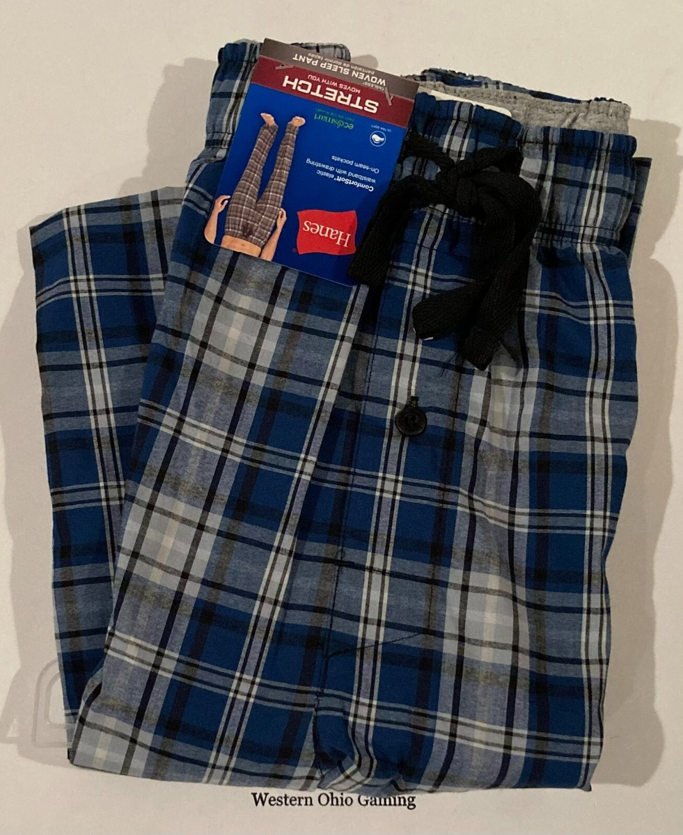 Men's Hanes Stretch Woven Blue Plaid Sleep Pants Size Small 28-30 NEW