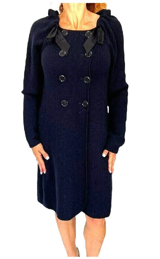 Abito cappotto Moschino blu navy nero fiocco doppiopetto maglia lana M
