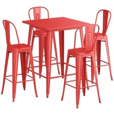 32" Square Red Metal Restaurant Bar Table Set with 4 Cafe Barstool For Outdoor