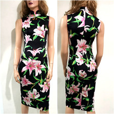 🆓US🛃  vintage Dolce&Gabbana Pink Lilly Printed Black Silk Satin Dress IT 38