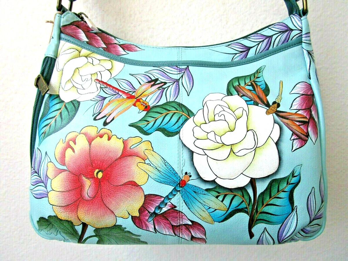 ANUSCHKA MAGICAL DRAGONFLY HAND PAINTED LEATHER ZIP TOP SHOULDER