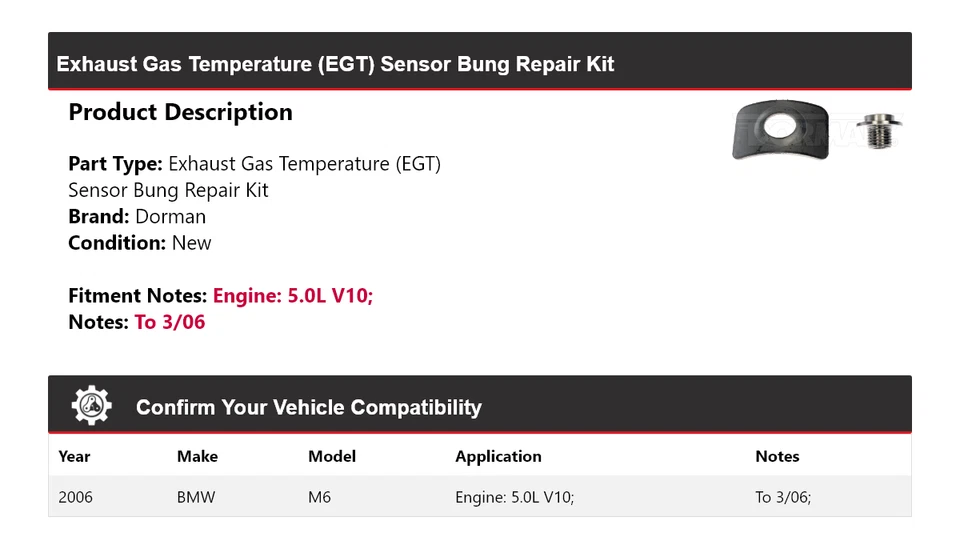 Ремонтный комплект датчика отбойника для 2006 BMW M6 5,0 л V10 Dorman EGT - Изображение 2 из 4