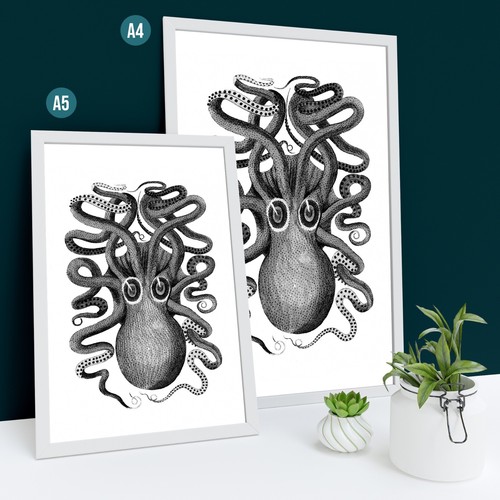 Nautical Wall Art Print Cuttlefish Home Decor Sea Poster Living Room Bathroom - Picture 3 of 5