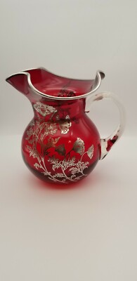 Vintage Viking Glass Ruby Red 6'' Pitcher Jug Silver Poppy Overlay 