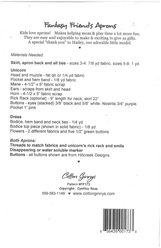 Fantasy Friends Child's Aprons Sizes 3-8 Cotton Ginnys Unicorn & Flower Pattern - Image 2 of 2