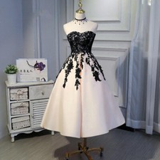 Sweetheart Satin Short Wedding Dress Black Lace Applique Tea Length Bridal Gowns