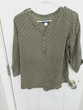 Simply Styled Womens Sz Med Green Dotted  Pullover Long Slv Polyblend Roll Tab 