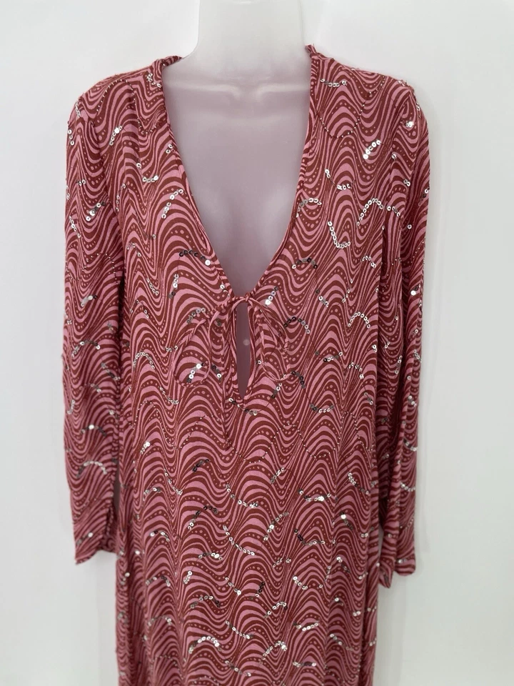 Женское розовое прозрачное платье миди с блестками с бисером Zara размер Small, богемное фестиваль хиппи - Изображение 3 из 4