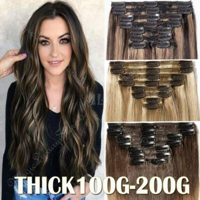 #ad #ad Human Hair Clip In Extension Remy Double Weft Full Head Grey Ombre Highlight US $118.96