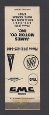 GMC OPEL James Motor Co Hays Kansas Matchcover