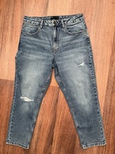 Women’s ASOS Denim Blue Ripped Mom Jeans W32 L25 Petite UK 14 Short Cropped