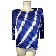 KENAR Top Women's Size M Blue White Tie Dye 3/4 Sleeve Stretch V-Neck Tee Shirt