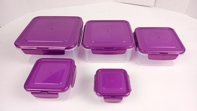 LocknLock Square Food Storage Container Set Purple Clear Nesting 5 Pc 180ml-2L