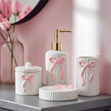 4 Pcs Ceramic Pink Bow Bathroom Set Bathroom Accessories Soap Dispenser Tumbler