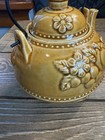 Vintage Japan Mustard Yellow Ceramic Teapot Embossed Fruit Flowers Wire Handle — photo 7
