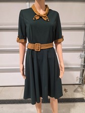 Vintage Style Green Midi Dress Mustard Bow Collar Belted Fit  Flare Retro Mod L