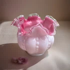 Vintage Fenton Beaded Melon White Bowl with Pink Ruffled Crest Clear Rim 3.5”